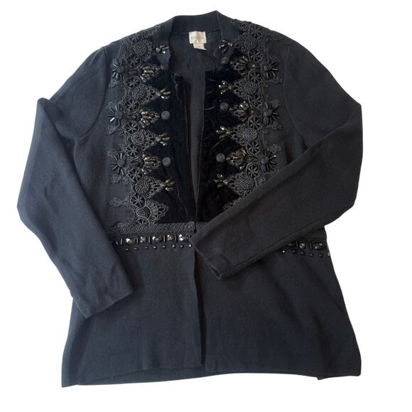 VINTAGE CHICO'S Black Velvet Appliqué Knit Sweater Jacket Size 2 (M/L) - Picture 1 of 14